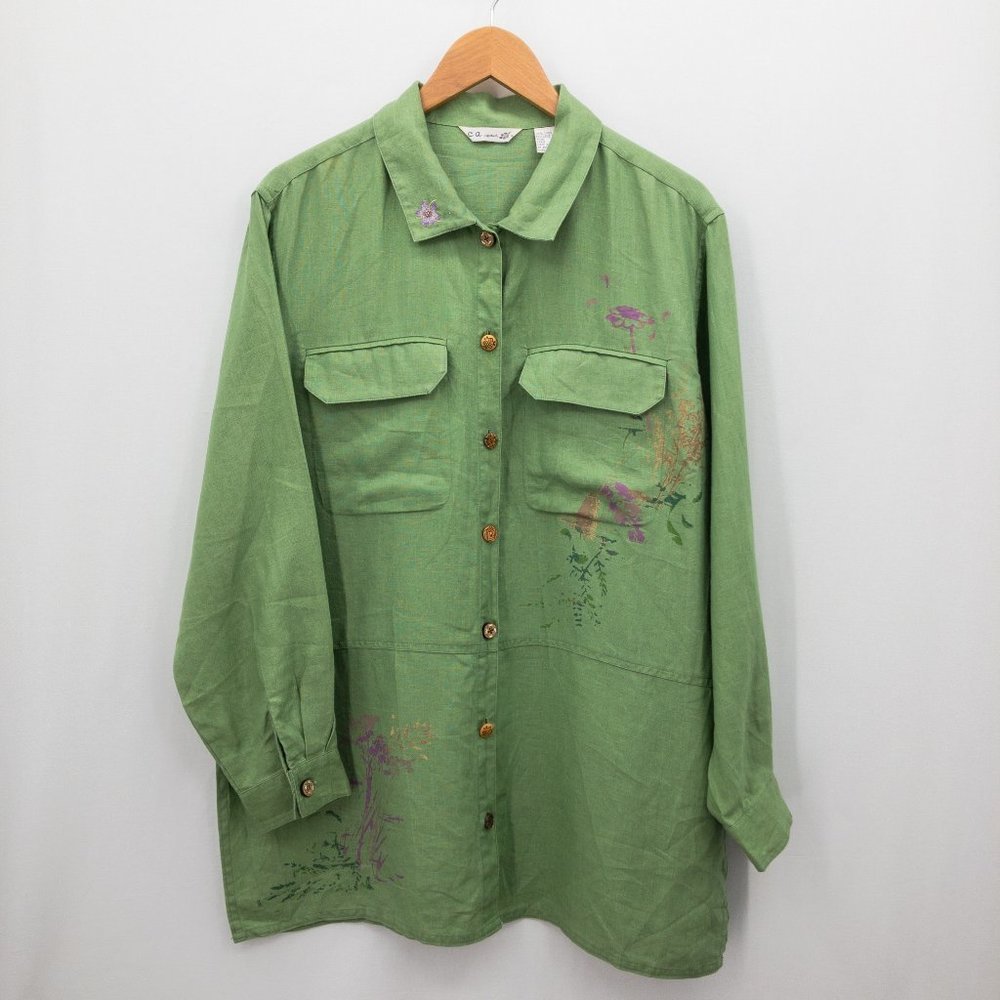 C.A. Sport Long Sleeve Top Green 100% Linen Womens Size L Floral Embroidery